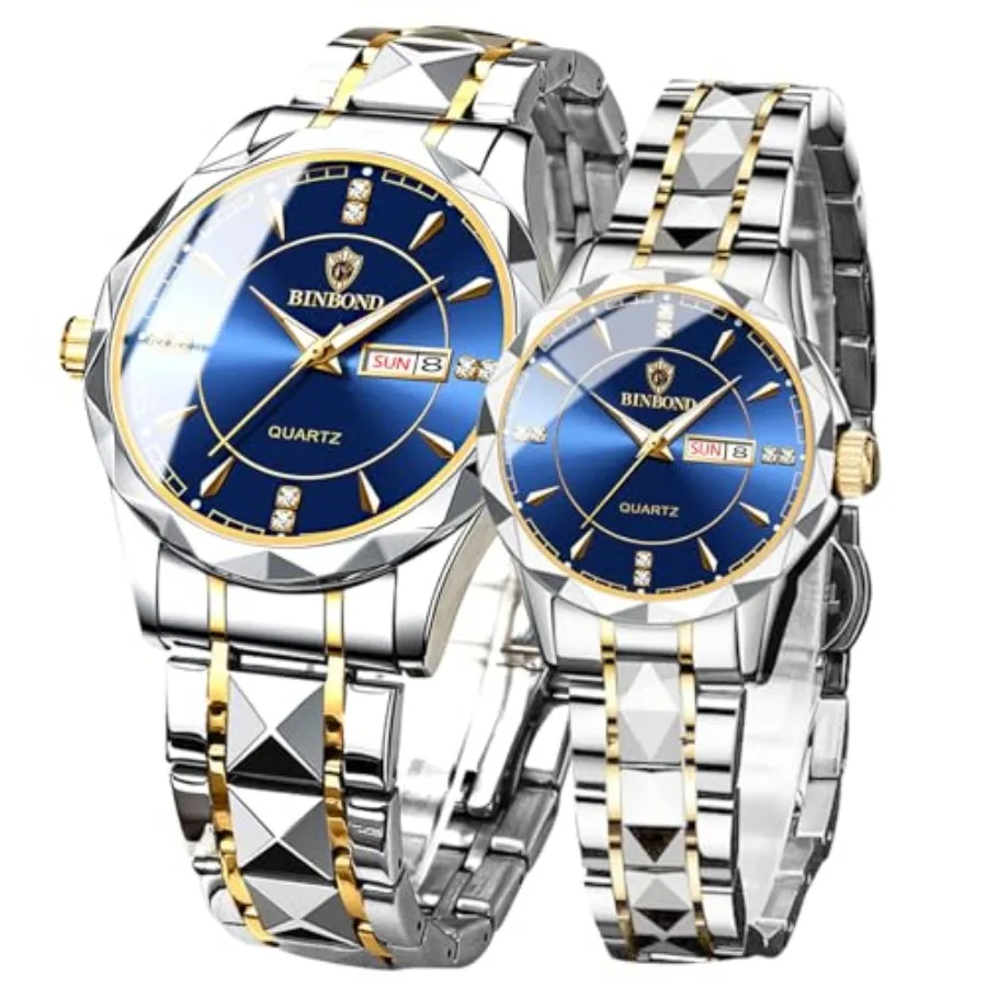 

Valentines Couple Pair Watches Men and Women Luminous Calendar Waterproof Stainless Steel Quartz Watch Face his and Hers Watche