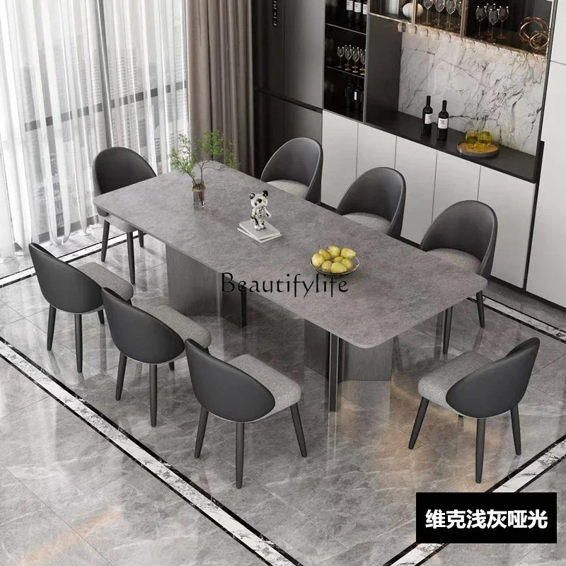 

06Italian simple modern gray steel rock slab table rectangular high-end large apartment table