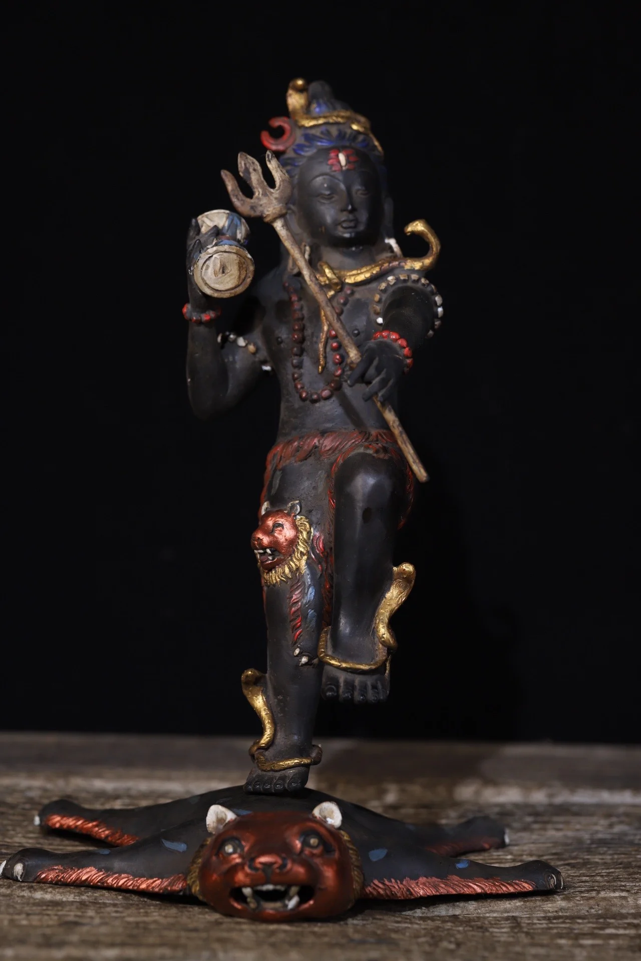 

11"Tibetan Temple Collection Old Bronze Cinnabar Painted Shakyamuni Shiva Buddha Divine beast Worship Hall Town house