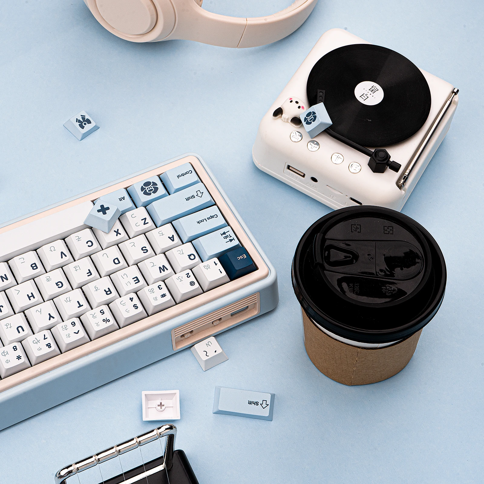 Egret keycap simple original PBT five-sided sublimation customized mechanical keyboard keycap personalized blue and white keycap