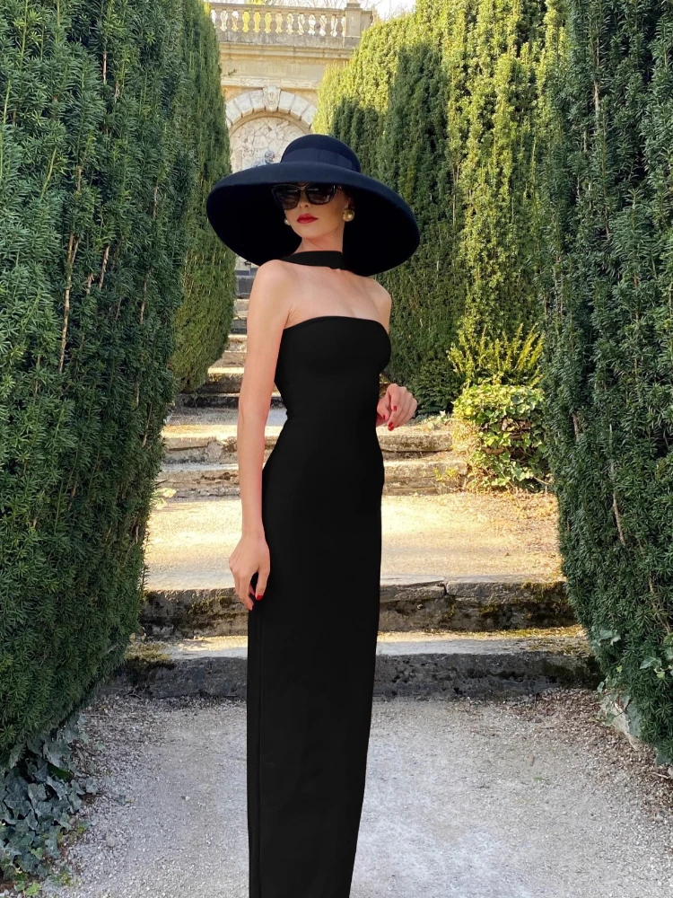 Mulher sexy fora do ombro sem mangas magro vestido longo streetwear senhora chique sexy halter pescoço split sem costas sólido festa clube vestidos