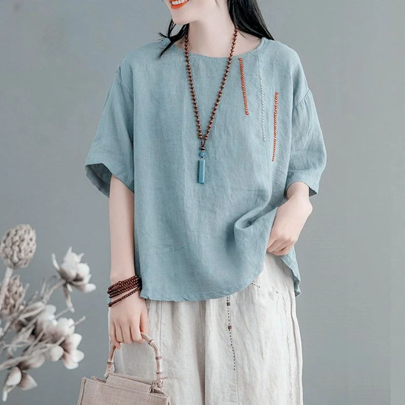 القطن الكتان تي شيرت المرأة موضة التطريز تنفس تي شيرت عادية فضفاضة قصيرة الأكمام Top الاتجاه الصيف رقيقة التي شيرت #2