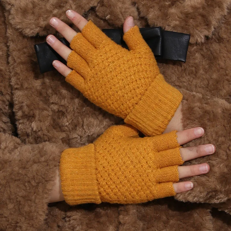 Fashion Winter Knitted Warm Gloves Half Finger Woolen Gloves Solid Color Writing Cycling Gloves for Men and Women