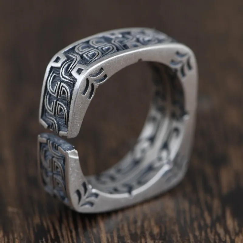 BOCAI Trendy S925 Sterling Silver Ring for Women Men New Fashion Relief Eternal Rattan Square Opening  Jewelry Wholesale