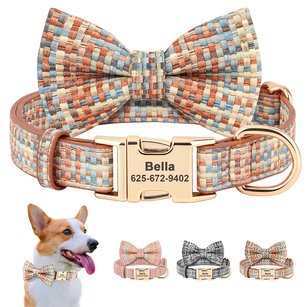 

Personalized Dog Collar Fashion Bowtie Dogs Nylon Collars Custom Engraved Pet Name ID Collar For Small Medium Large Dogs Pink