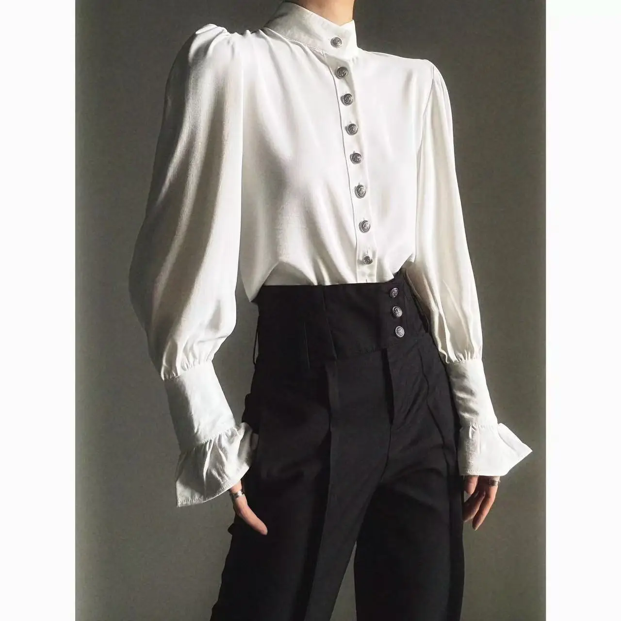 Dark Black Bisex Costume Men Women New Chinese Style Long Sleeved Shirt Pants 2Pieces Set Vintage Niche Court Gothic Suit Unisex