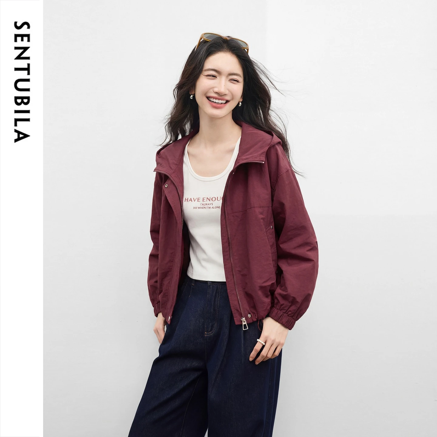 SENTUBILA Women Hooded Jacket Drawstring Hem with Elastic Cuffs Casual Zip Up Short Coat Ladies 2026 Fall Outerwear 161WB6514X