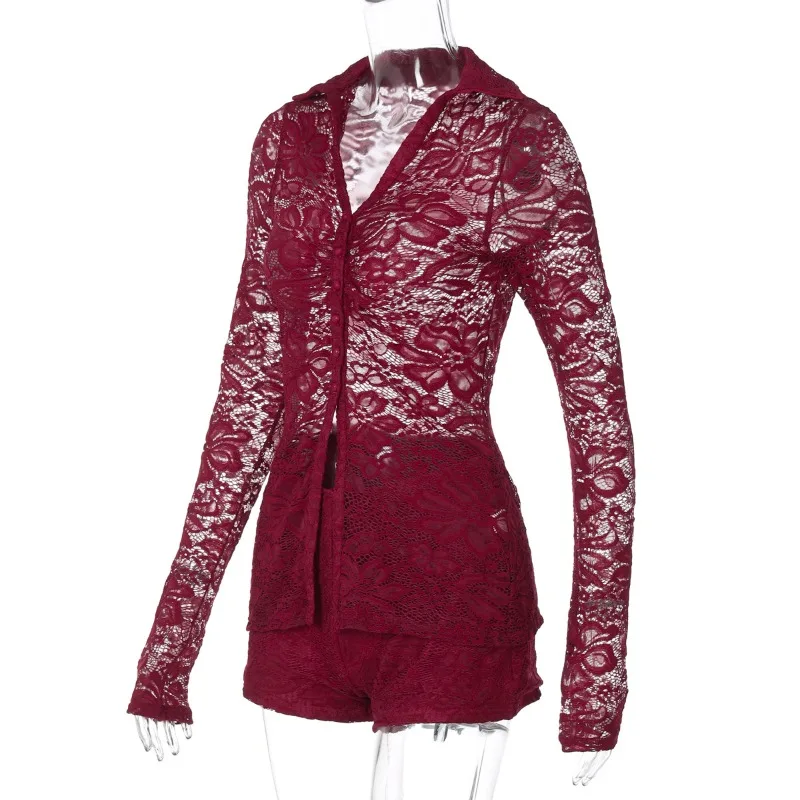 Set da donna in pizzo trasparente da 2 pezzi 2025 Autunno Colletto rovesciato Camicia monopetto a maniche lunghe Cardigan Top + Abito corto