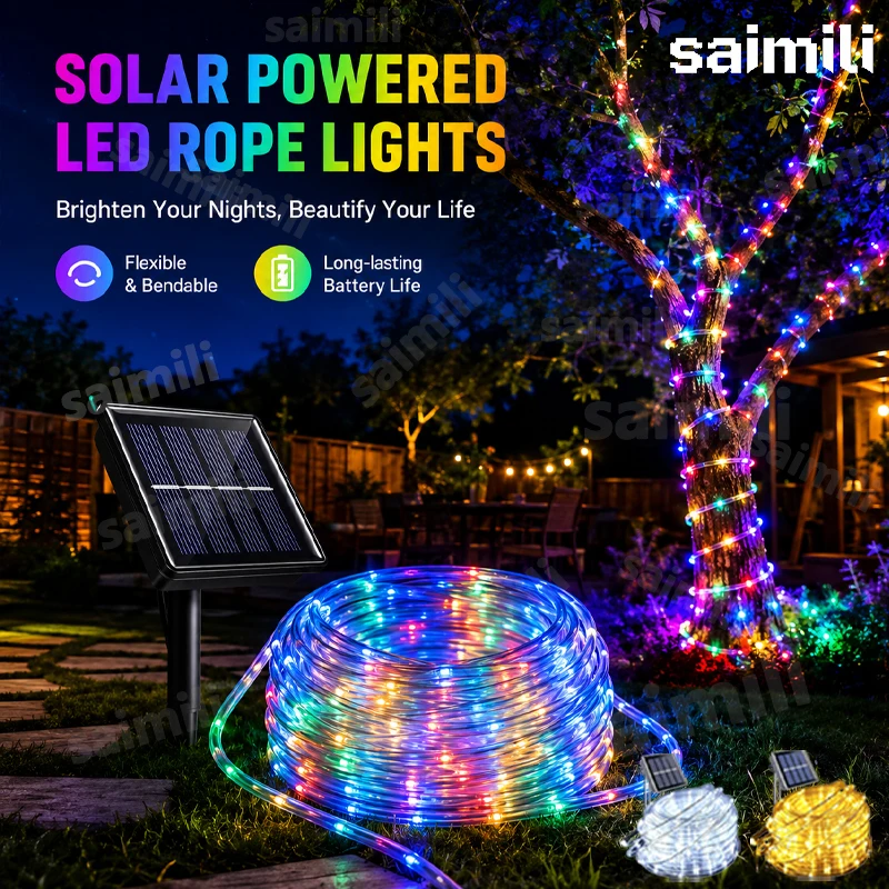 Solar String Lights LED Waterproof Tube Rope Fairy Lights 8 Modes Outdoor Lighting For Garden Yard Holiday Home Party Decoration