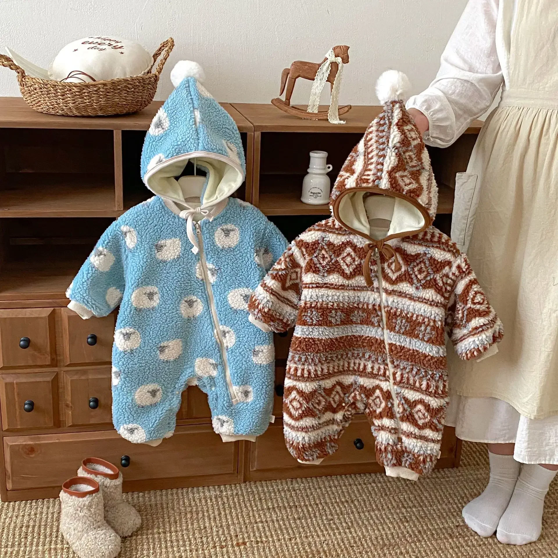 

Baby Girl Boy Cotton Fleece Lined Romper 0-2Y Newborn Cartoon Printed Jumpsuit with Hat Winter Warm Thickened One-Piece Outfit