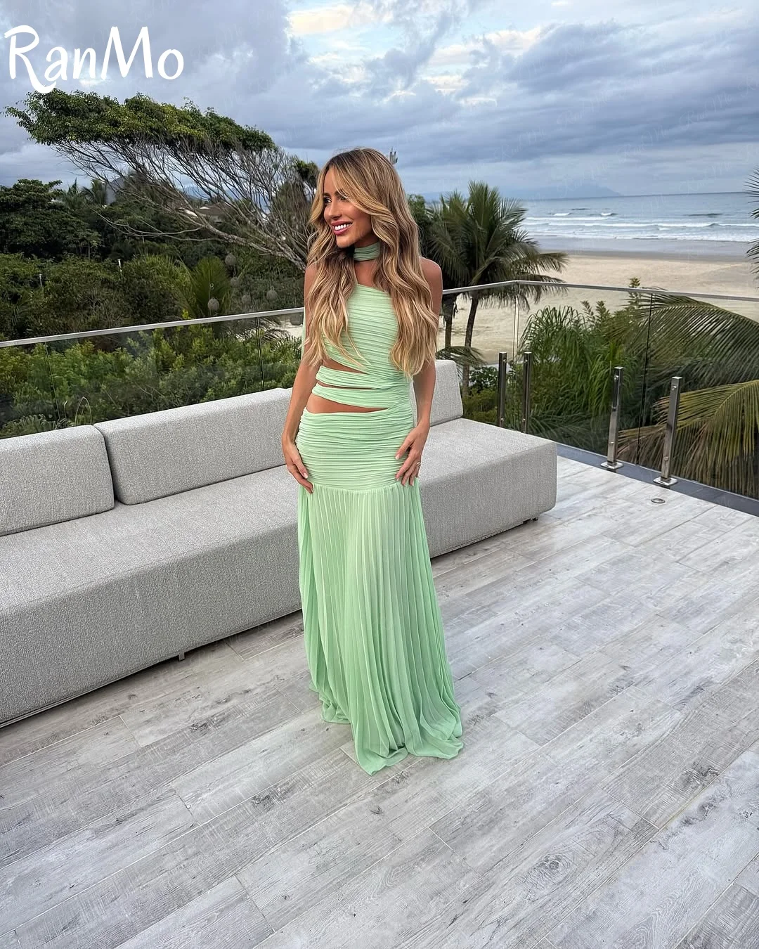 Ranmo Длинные шифоновые вечерние платья по индивидуальному заказу с лентой трапециевидной формы с лямкой на шее и плиссировкой длиной до пола فساتين السهرة Платье для выпускного вечера для женщин