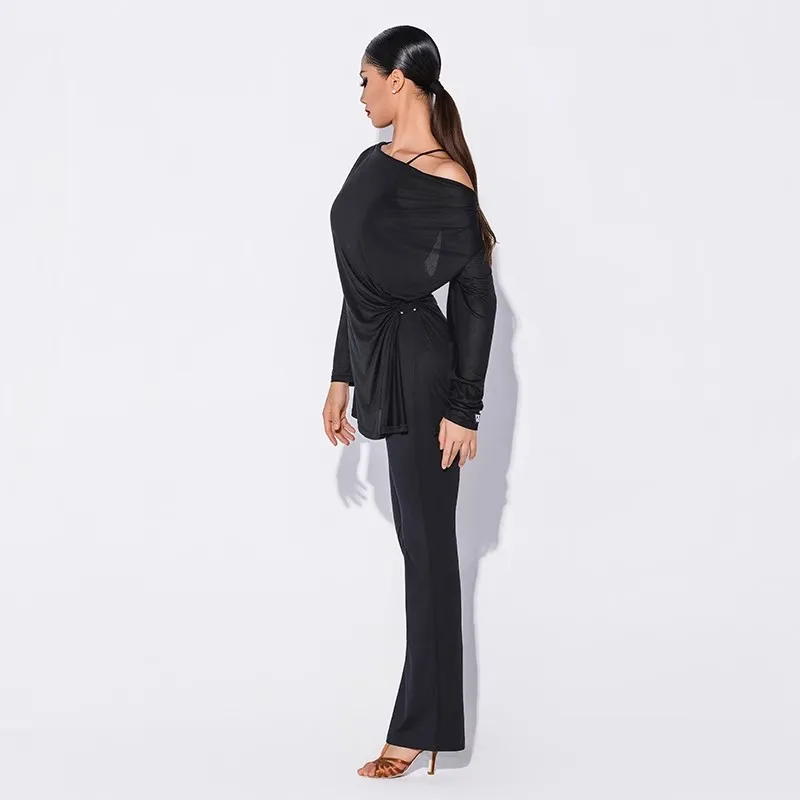 Trajes de baile latino 2025, pantalones superiores sin espalda con cuello barco de manga larga para mujer, ropa de práctica de entrenamiento de baile latino DN21980