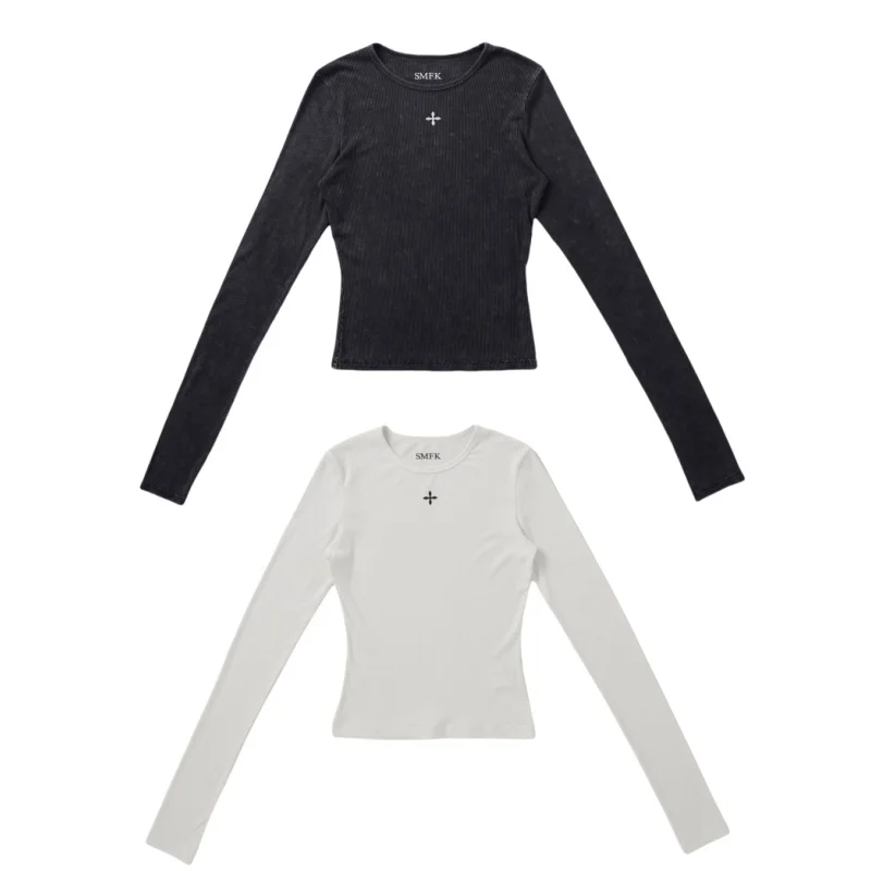 

Новая осенняя мода, уличный стиль, свитер с круглым вырезом, шелковая футболка с длинными рукавами Storm Fading, классический облегающий ультра длинный топ