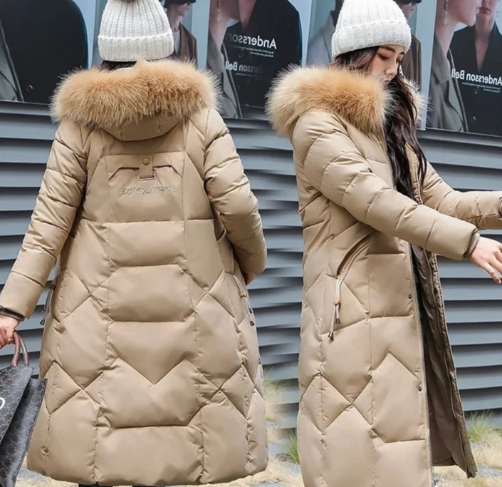 Damen-Winter-Daunenjacke, elegant, mit Kapuze, Pelzkragen, dick, wärmend, schmale Passform, koreanische Mode, mittellang