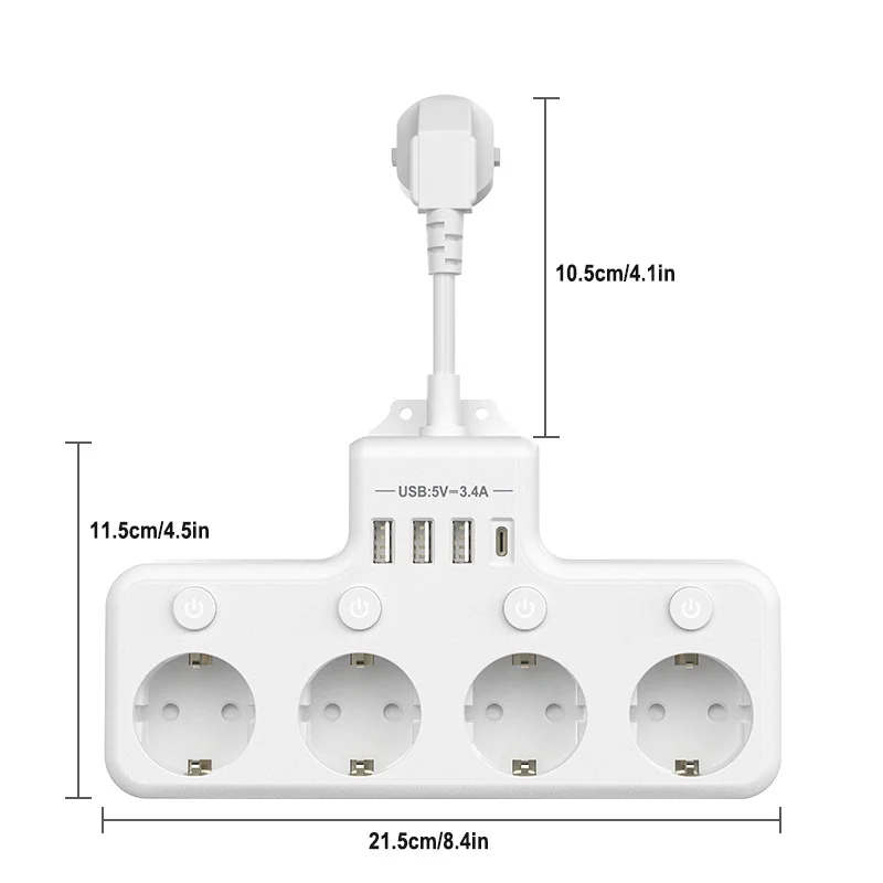 EU Plug Power Strip Multiple Socket with Individual switch 4 AC Outlets 4 USB, Multiple Plugs USB Wall Socket Surge Protector