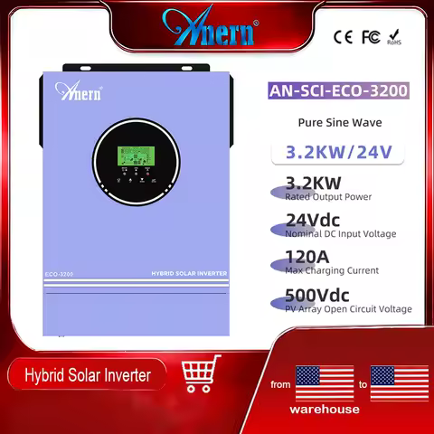 Anern Hybrid Solar Inverter 3200W Off Grid Pure Sine Wave 220V/230V/240VAC 24VDC Inverter Build-in 80A MPPT Charger