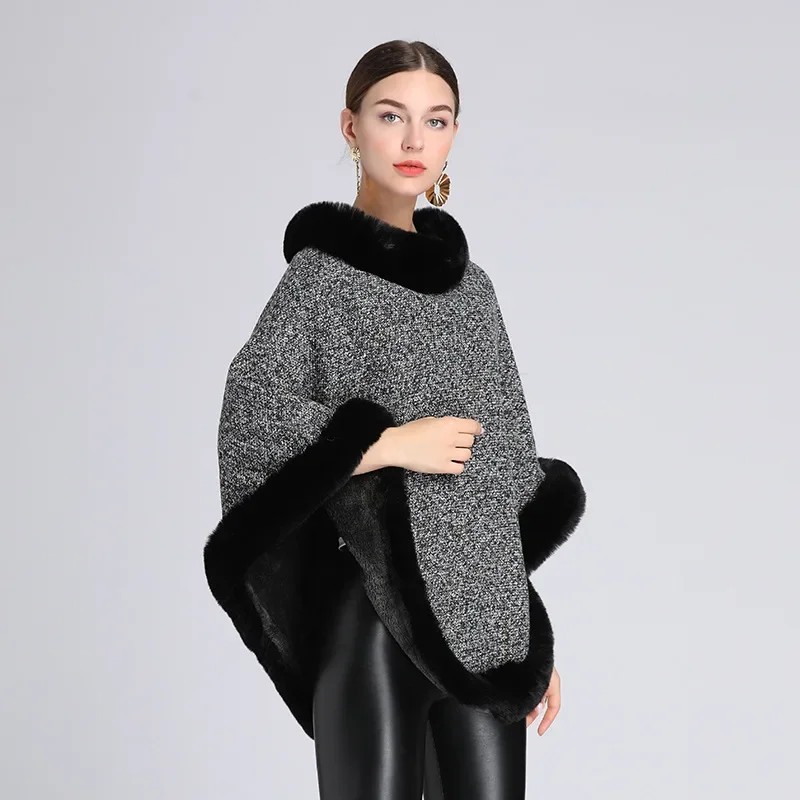 Mode Vintage Gebreide Faux Rex Konijnenbont Poncho Jas Vrouwen Winter Dikke Voering Pure Kleur Pullover Wraps Mantel B479