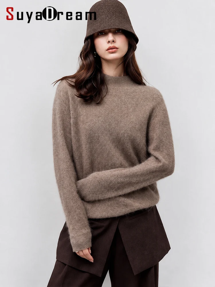 SuyaDream, Autumn Winter Ladies Versatile Knitted Top Brushed Wool Knit Sweater Mock Neck Long Sleeve Casual Pullover