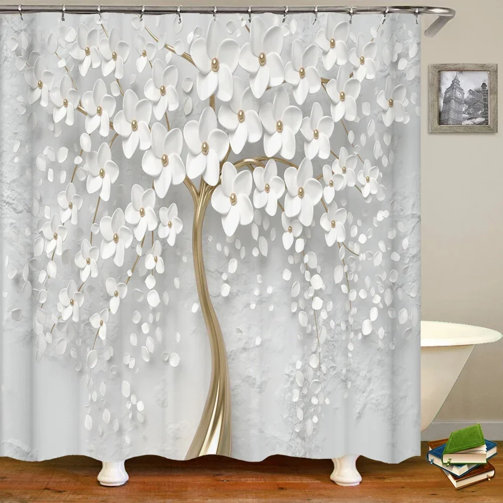 Rideau de douche em poliéster imprimé arbre à fleurs 3D, impermável com crochets, décoration de maison, beau, HOScreen