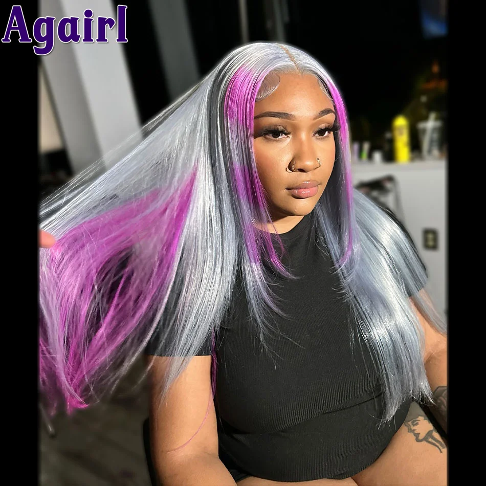 

Ombre Sliver Grey Purple 613 Colored Straight Full Lace Frontal Wig Transparent 13x4 13x6 Lace Front Human Hair Wigs For Women