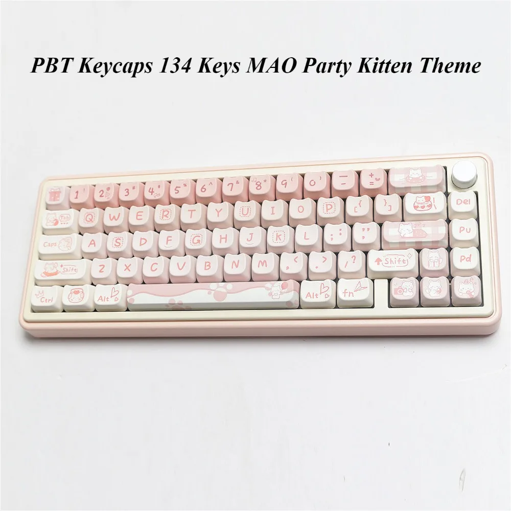 PBT Keycaps 134 Keys MAO Party Kitten Theme, Personalized Keycaps for Cherry MX 104/87/61 Mechanical Keyboards