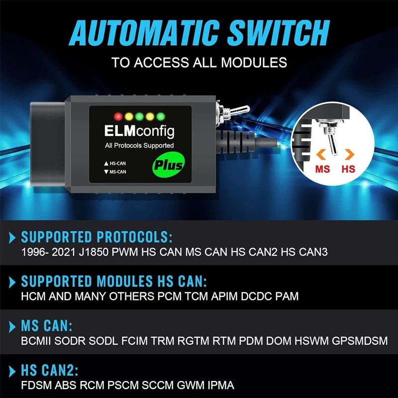 FORScan ELM327 OBD2 USB Adapter with MS-CAN/HS-CAN Switch For Ford Lincoln Mazda Mercury Series Vehicles Diagnostic Tool