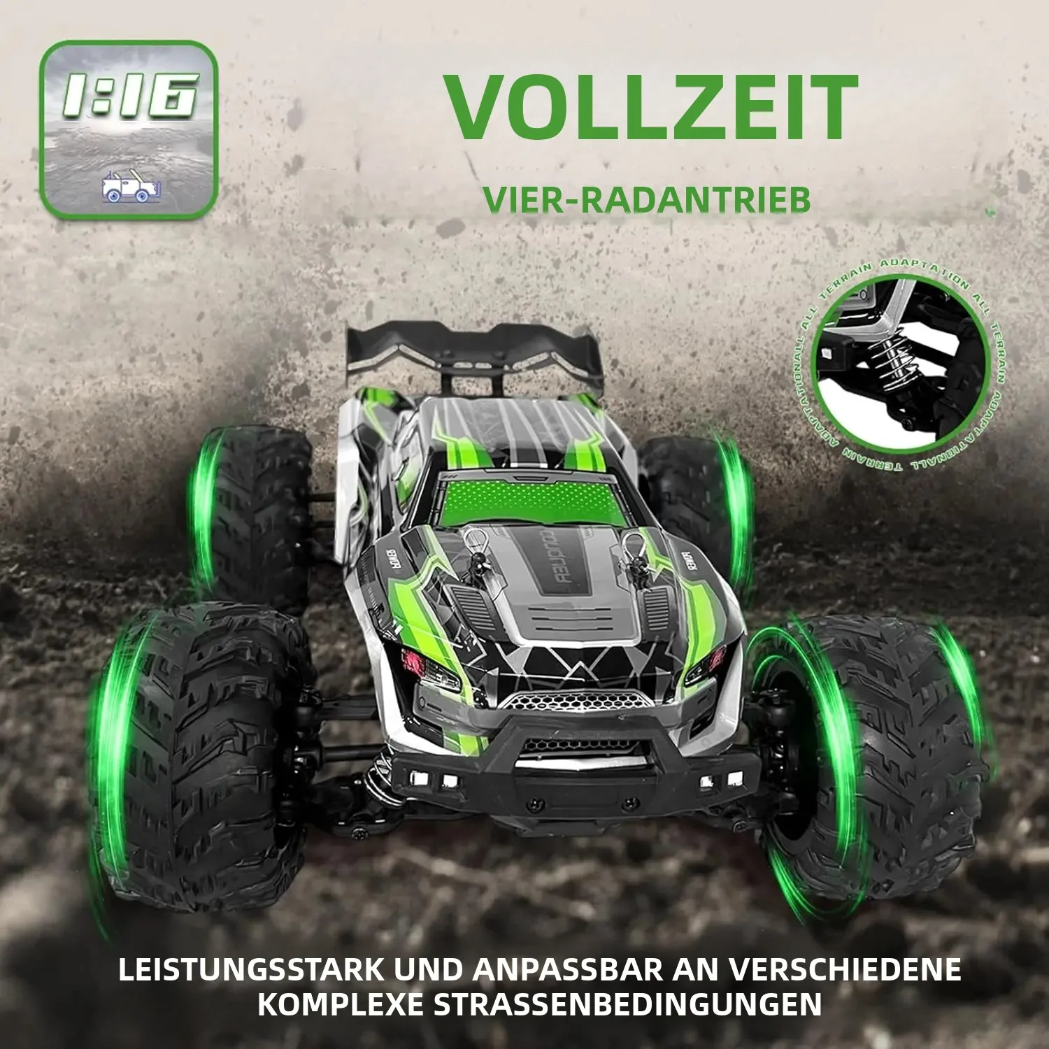 "1:16 4WD RC-Auto (50 km/h): LED-Leuchten, Offroad-Hochgeschwindigkeitsdrift. Für Jungen und Offroad-Fans. Monster Truck Spielzeug – Weihnachten und Neu