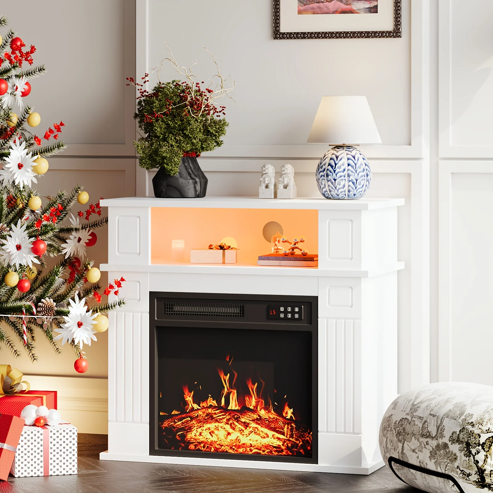 

28" Electric Fireplace With Mantel Wooden Surround Freestanding Firebox For Living Room
