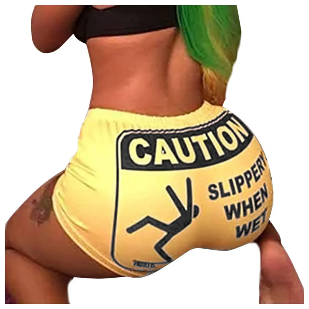 Caution Letters Print Women Yoga Shorts Push Up Butt Lift Mini Hot Short Pants Booty Shorts Gym Clothes Athletic Running Sports