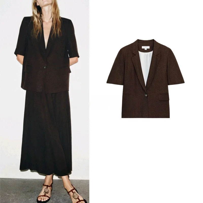 

Autumn New Women's One-Button ort-Sve Linen Blend Casual Sle Polyester Fiber oulder Pad Design Regular Length