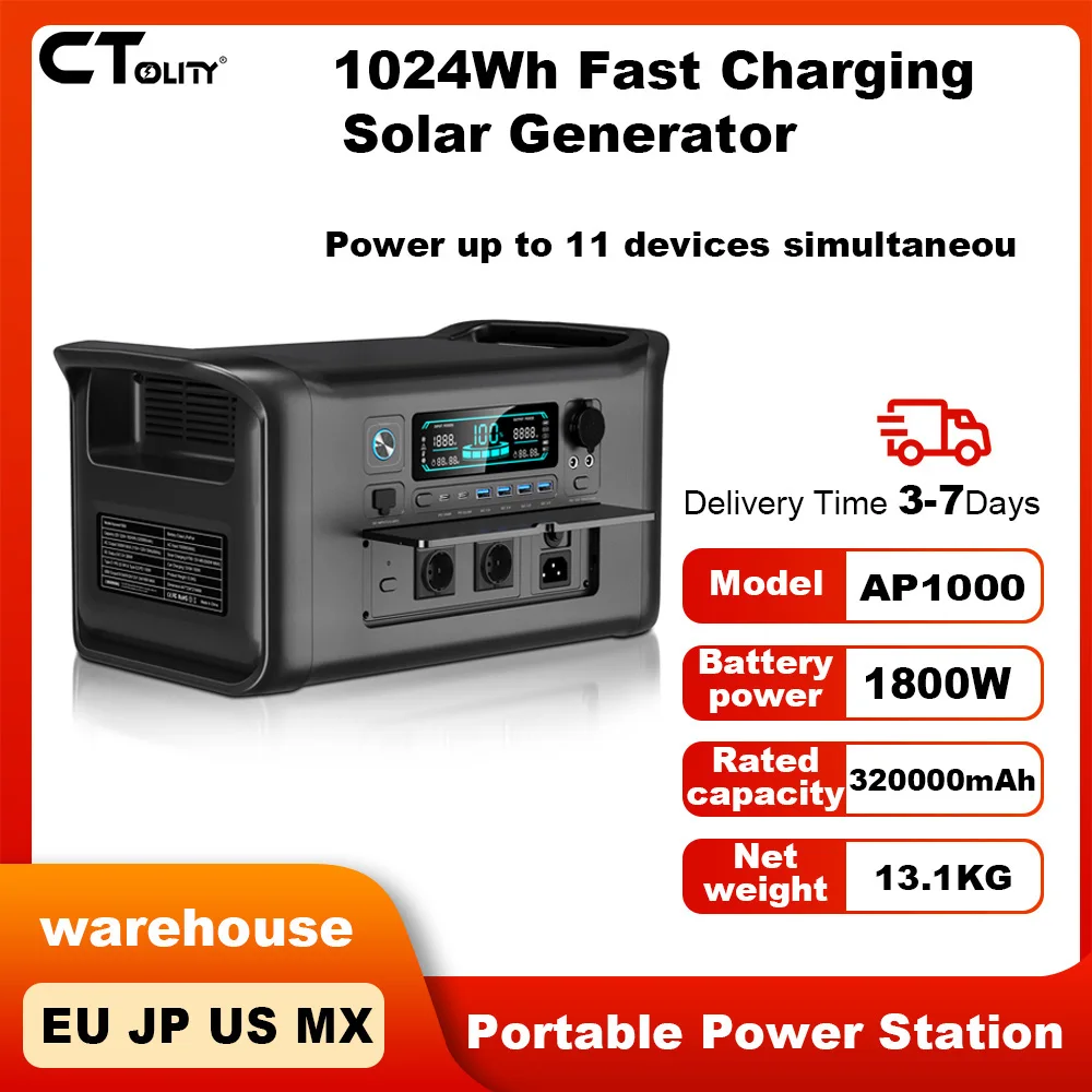 

CTOLITY AP1000 1800W 320000mAh Solar Generator Portable Power Station 1024Wh For Outdoor Camping Emergency Energy Storage RV
