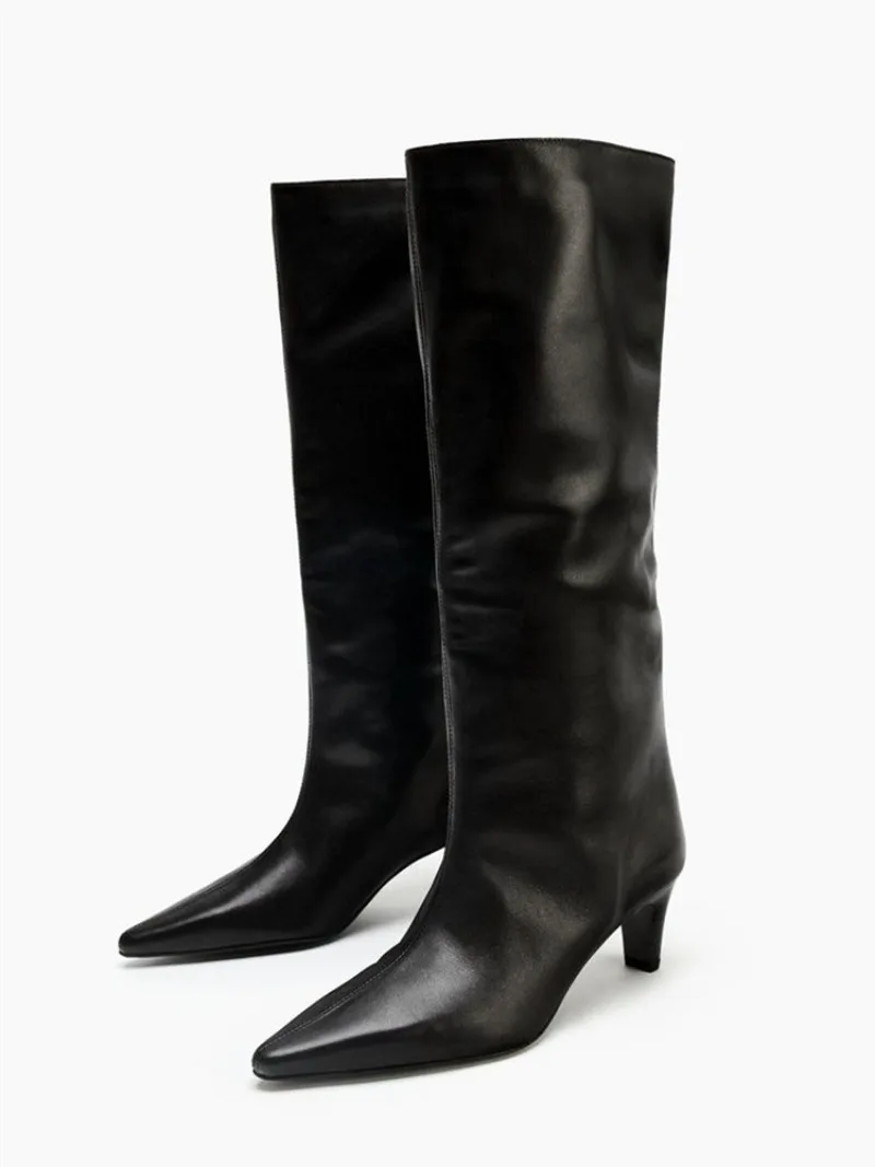 

Черные сапоги до колена из мягкой кожи из искусственной кожи, женские пикантные зимние высокие сапоги с острым носком, осенние удобные женские высокие каблуки