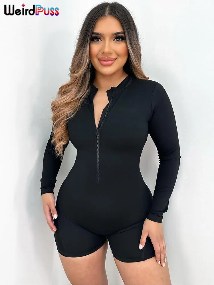 Nibber Peach Buttocks Rompers Women Zip Tight Fitness Stretch Solid Sporty Casual Long Sleeve Playsuits Workout Streetwear