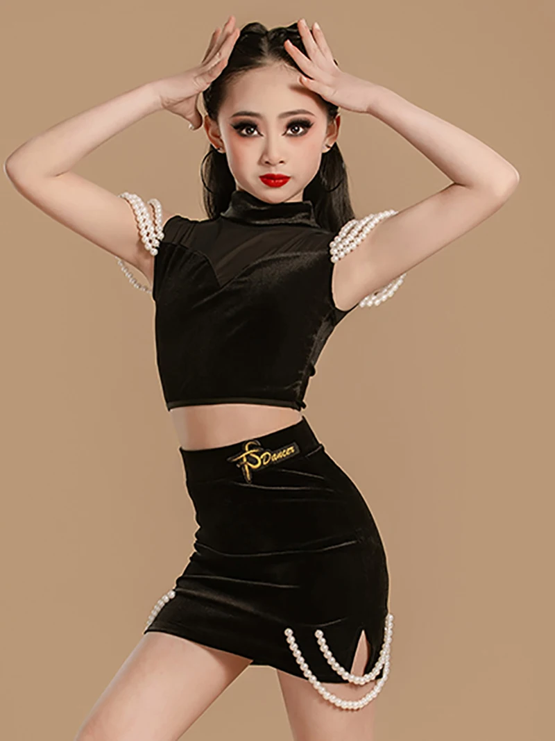 أطفال بنات اللاتينية ملابس رقص لؤلؤة شبكة الظهر زيبر الأعلى والتنانير قطعتين الدعاوى الأطفال قاعة الرقص مجموعة التدريب