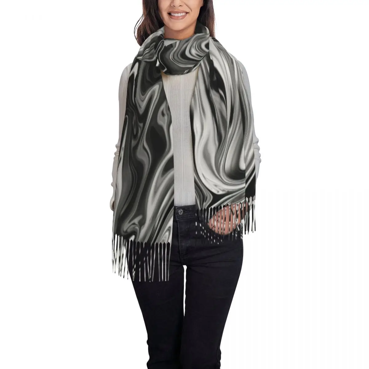 Liquid Black And White Scarf Elegant Marble Soft Shawl Wraps with Long Tassel Lady y2k Cool Scarves Wraps Autumn Bufanda Mujer