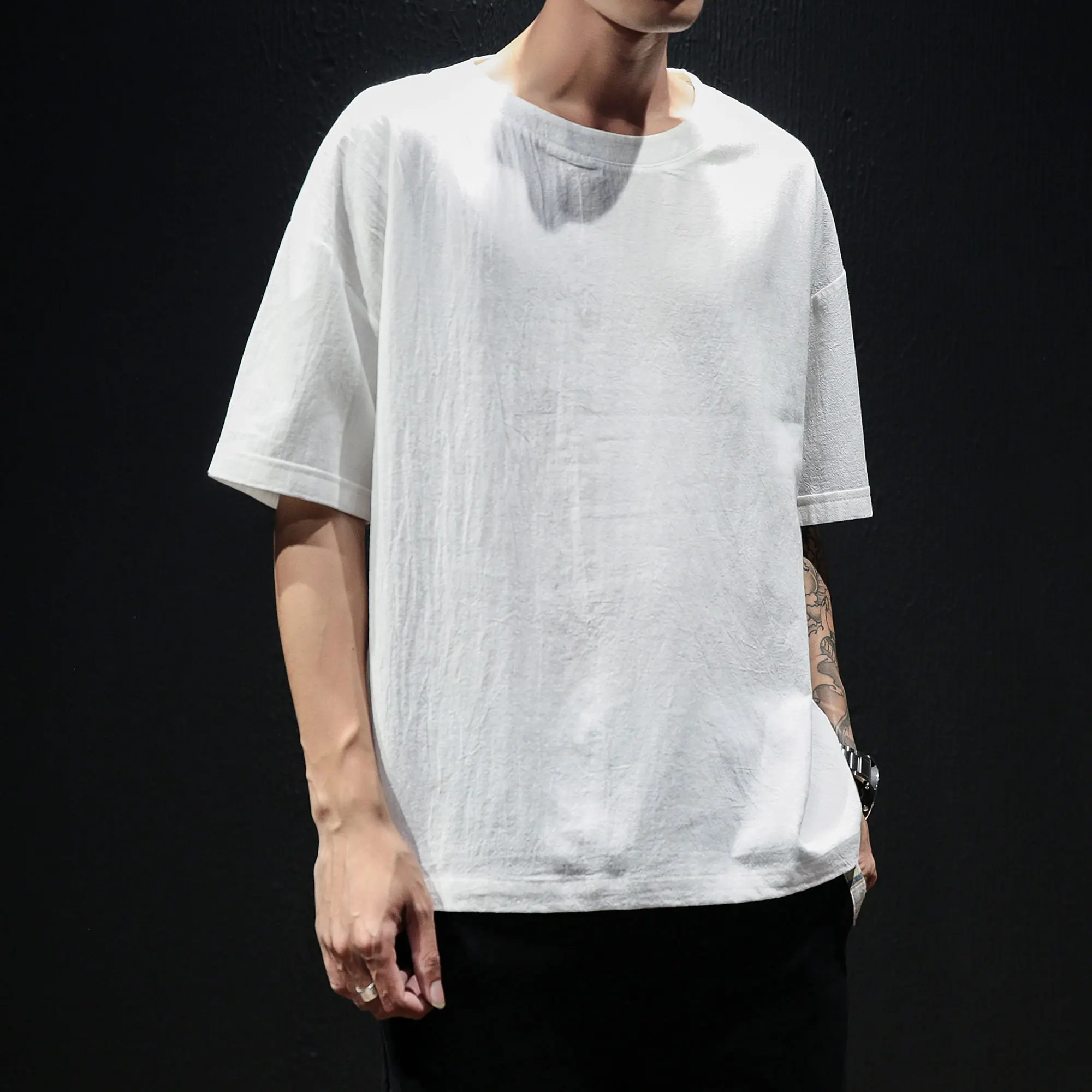 Trendy Mens Tshirt Summer Short Sleeve Round Neck Loose Fit Cotton Linen Top Casual Clothing