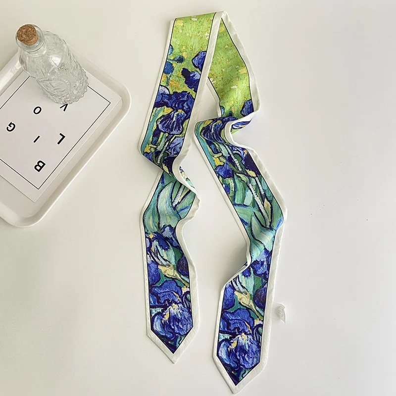 Van Gogh Green Blue Flower Oil Painting Hair Band Scarf Women Twill Small Silk Scarf Versatile Binding Bag Handle Ribbon