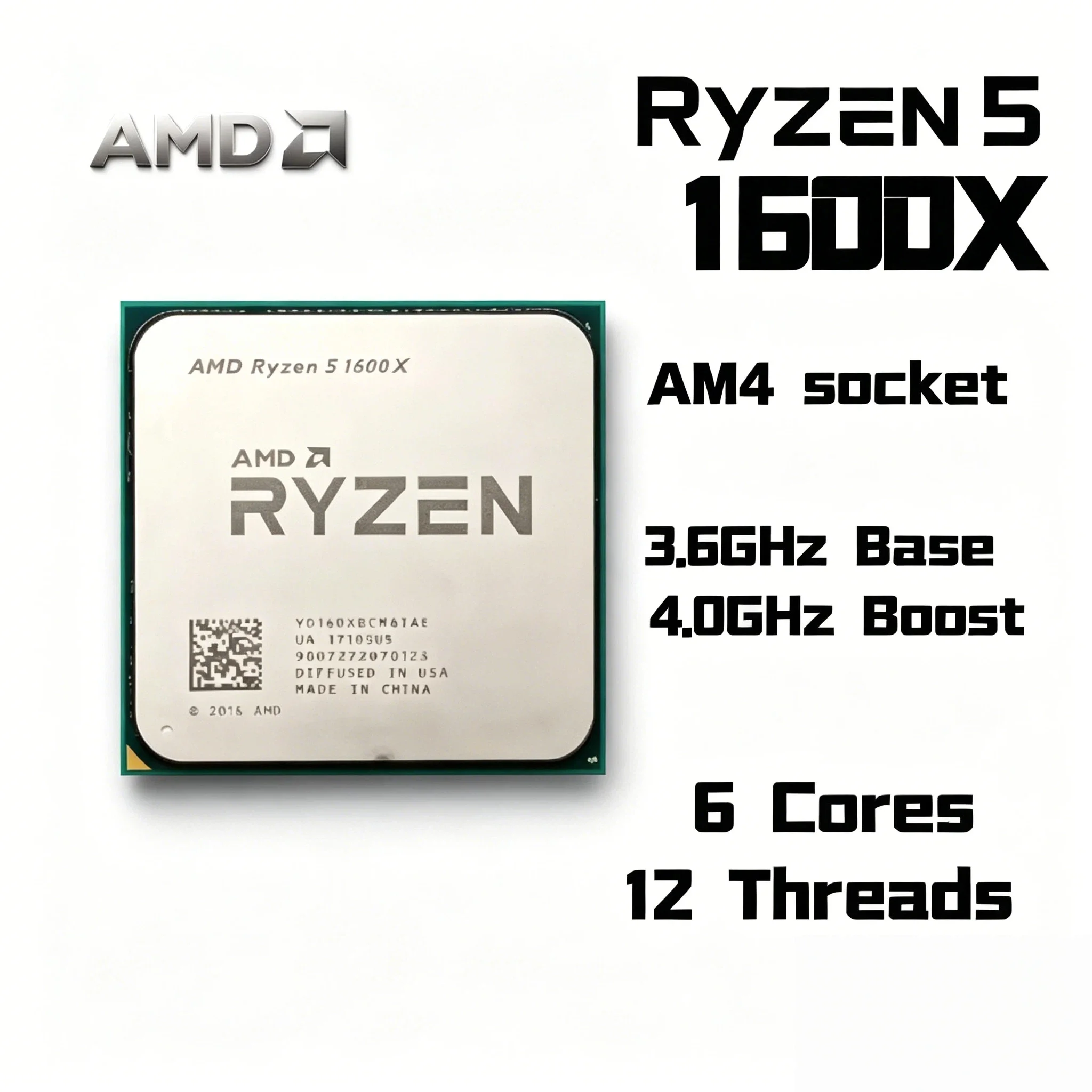 Procesador AMD Ryzen 5 1600X de 3.6GHz, Seis Núcleos, Doce Subprocesos, 95W, L3 16M, Socket AM4, R5 1600X, para Juegos de Escritorio, Pro Max 4K Ultra