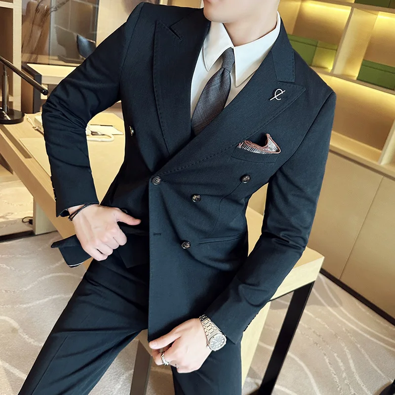 (Jaket + Celana) Setelan Pria 2 Potong Berkualitas Tinggi Double Breasted Lapel Solid Bisnis Pengantin Pria Pakaian Tuxedo Pernikahan Pakaian Pesta