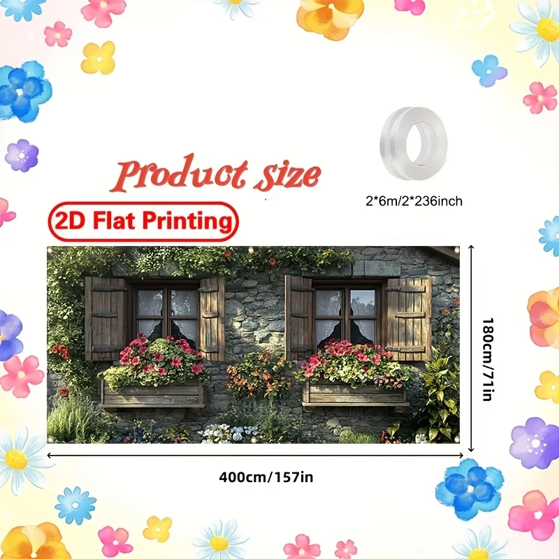 لافتة باب جراج كبيرة 2D Plan 1 - لافتة حفلات بتصميم جدار حجري وزهرة ملونة، مناسبة للمهرجانات