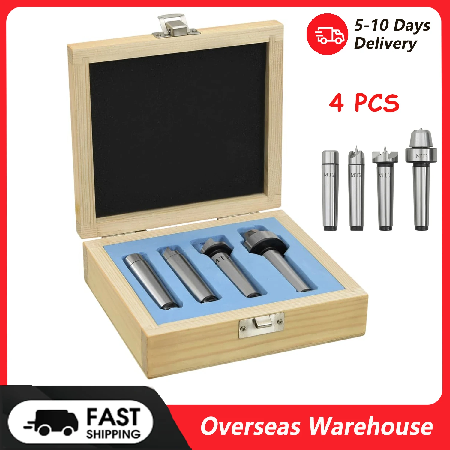 4Pcs Set MT2 Spur Live Center Drive Spur Driver Dead C Enter with Wooden Case for Metalworking Wood Lathe Turning Tools