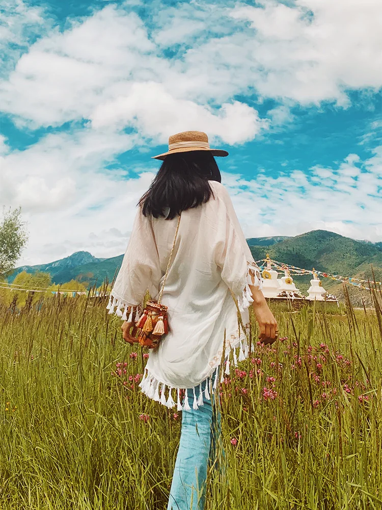 

Bohemian Style Embroidered Tassel Open Cardigan Women's Summer Top White Outerwear Sunscreen Shawl V-Neck Batwing Sleeve