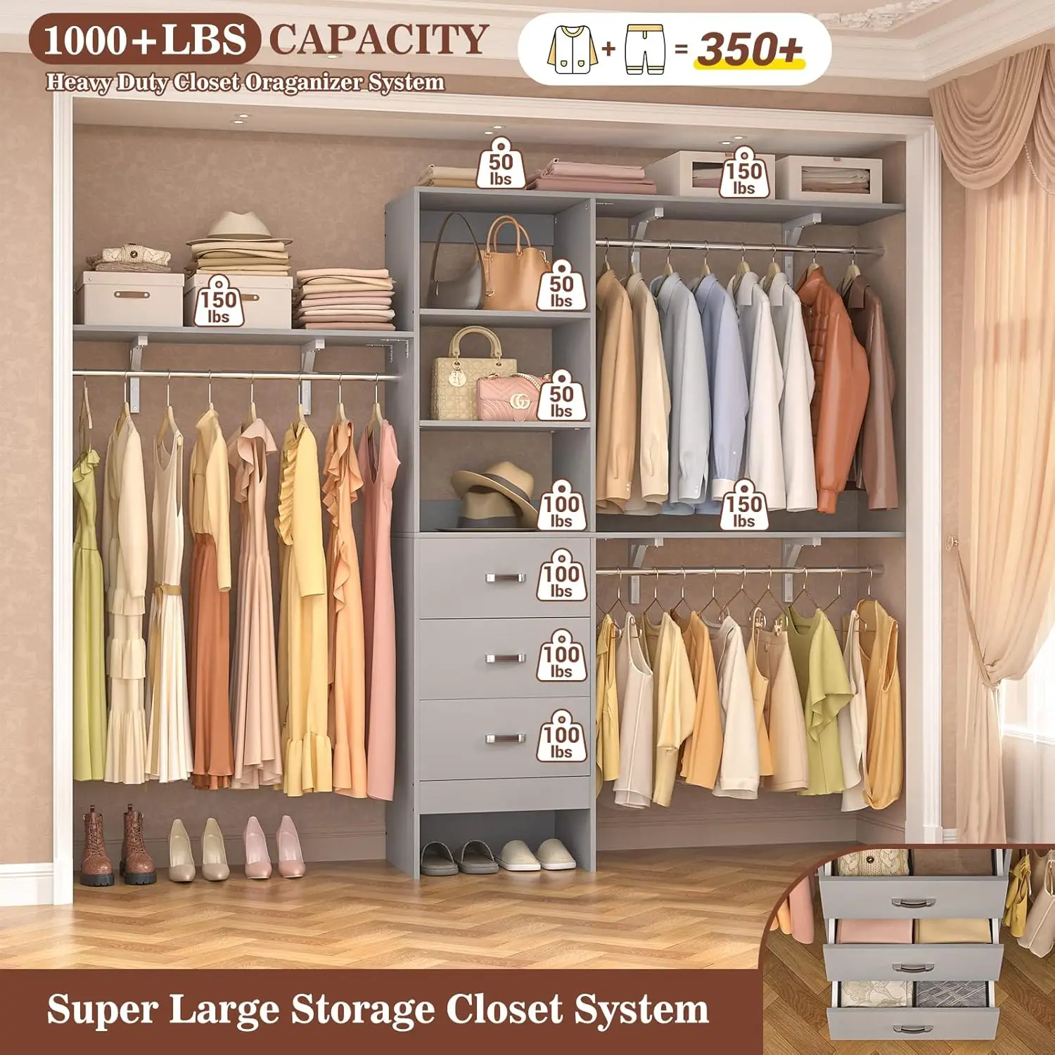 96 Inches Closet System, 8FT Walk In Closet Organizer with 3 Shelving Towers, Heavy Duty Clothes Rack with 3 Drawers