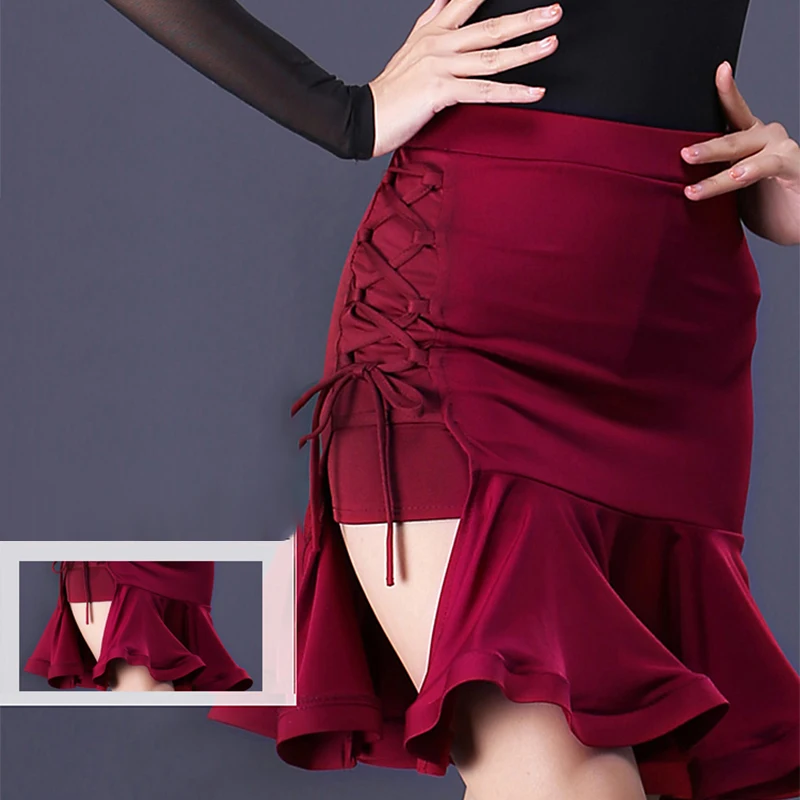 

Женская классическая юбка для латинских танцев, асимметричная юбка с рюшами, танцевальная юбка с разрезом по бокам, сальса, чача, танго, румба, сценический костюм