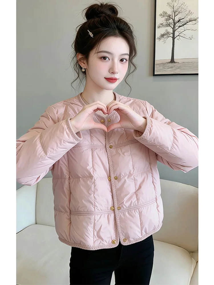 

Korean Style round Neck Single Button Cotton Jacket Women's Warmth Pink Autumn Winter Fashionable Versatile Cotton Coat