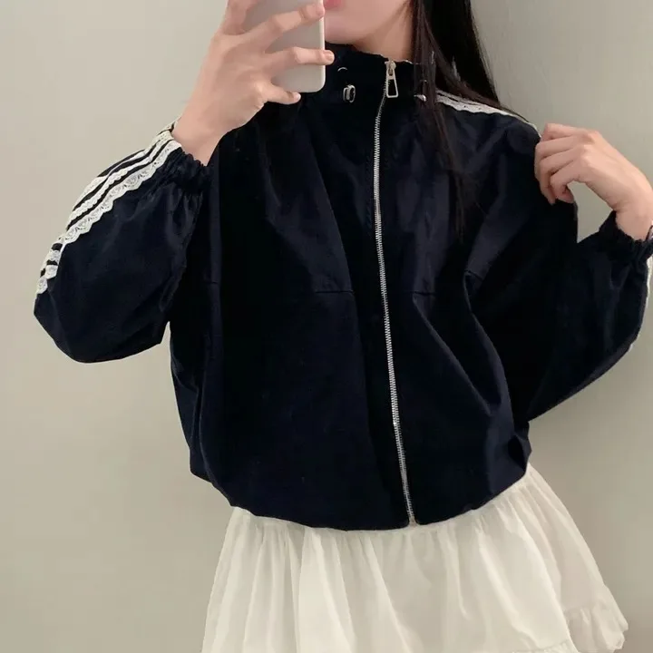 

Женская бейсбольная куртка в Корейском стиле, двухслойная кружевная отделка с завязками на талии, повседневный тонкий солнцезащитный топ