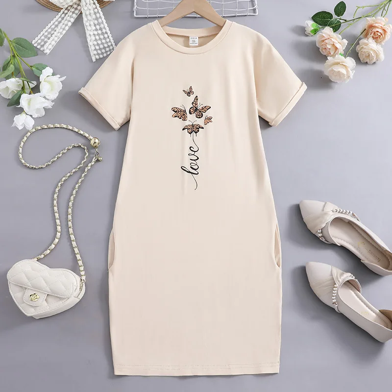 2024 Summer New Arrival Girls Short Sleeve Print Butterfly Khaki Designer Cute Party Princess Dress Custume 8-12T