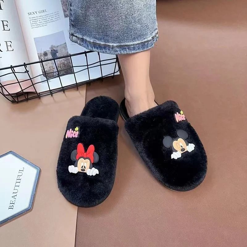 

gray white black pink Cute cartoon animal Mickey Minnie Mouse red bow soft couple indoor women's 2025 new winter warm slippers