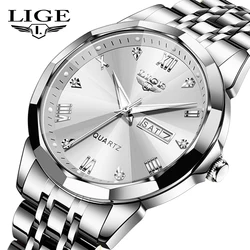 Top LIGE Casual Men's Watch Luxury Waterproof Luminous Day Date Men's Watch Stainless Steel Men's Quartz Watch Clock Reloj+box