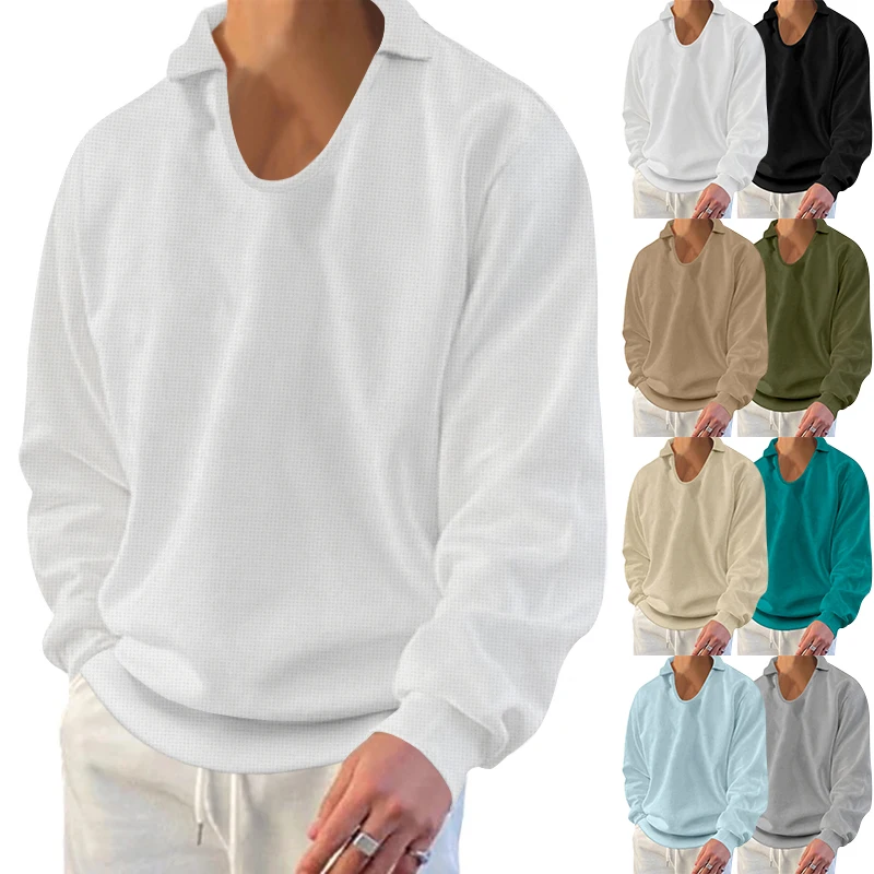 

2024 Solid Color Casual Gentleman V-neck Pullover Long sleeved Top Waffle Texture T-shirt Men's Clothing